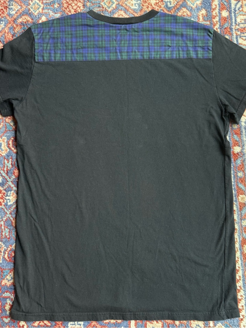 Black Men's T-Shirt with Navy Green Plaid Yoke